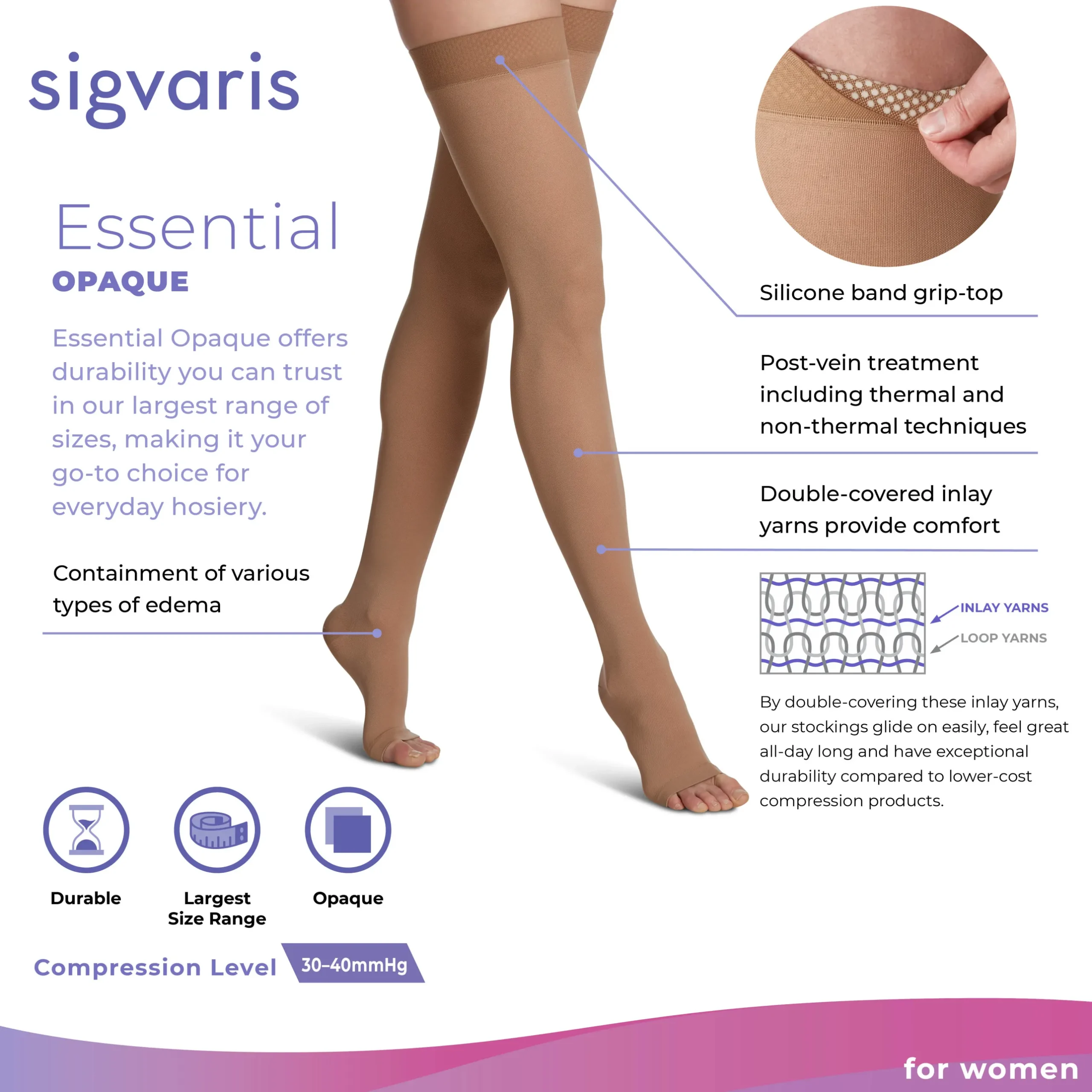 Sigvaris Opaque Thigh High 30-40 mmHg, Open Toe